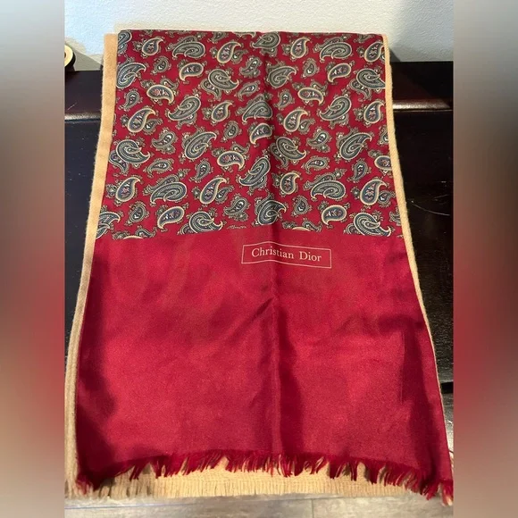 VINTSGE CHRISTIAN DIOR RED PAISLEY/TAN FABRIC LONG SCARF VGUC